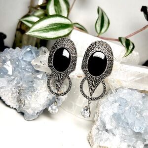 Vintage Marcasite Onyx Sterling Silver Art Deco Earrings